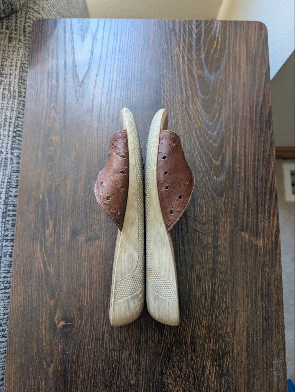 Vtg 80s Revelations Brown Leather Buckle Slide Wedge Sandals